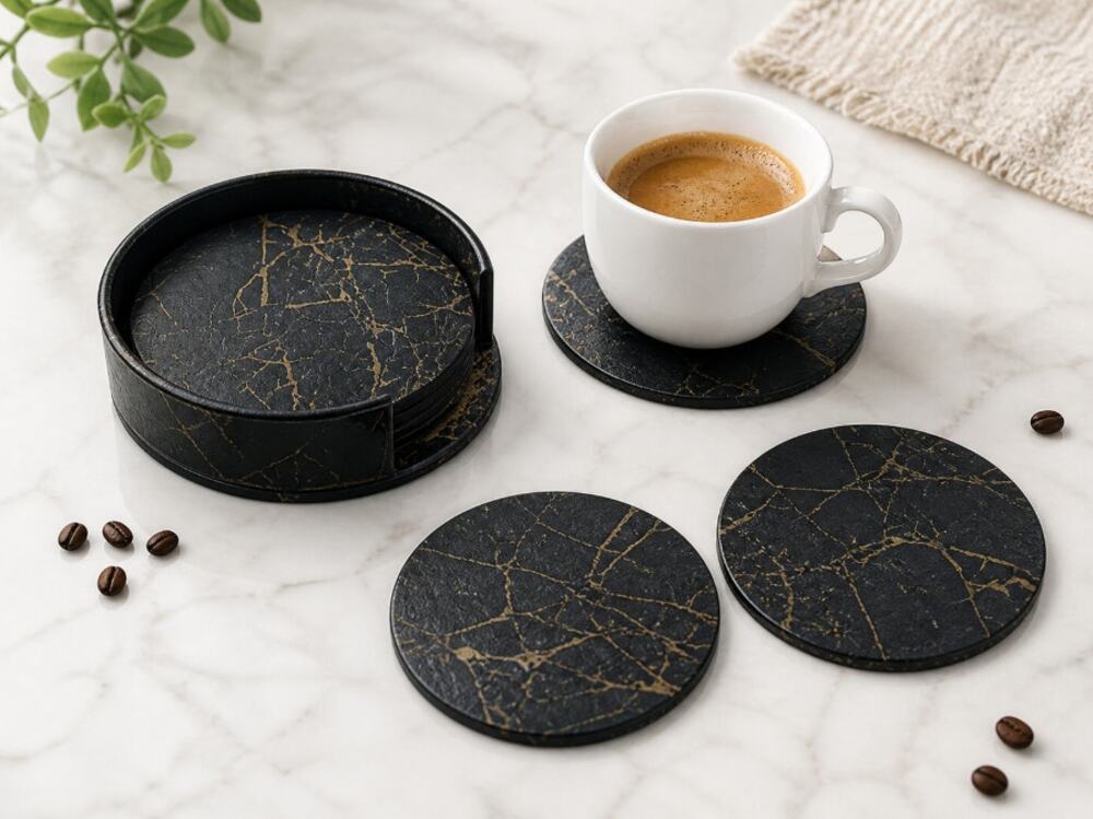 Black Gold Marble Double Sided PU Leather Coasters with Matching Storage Holder